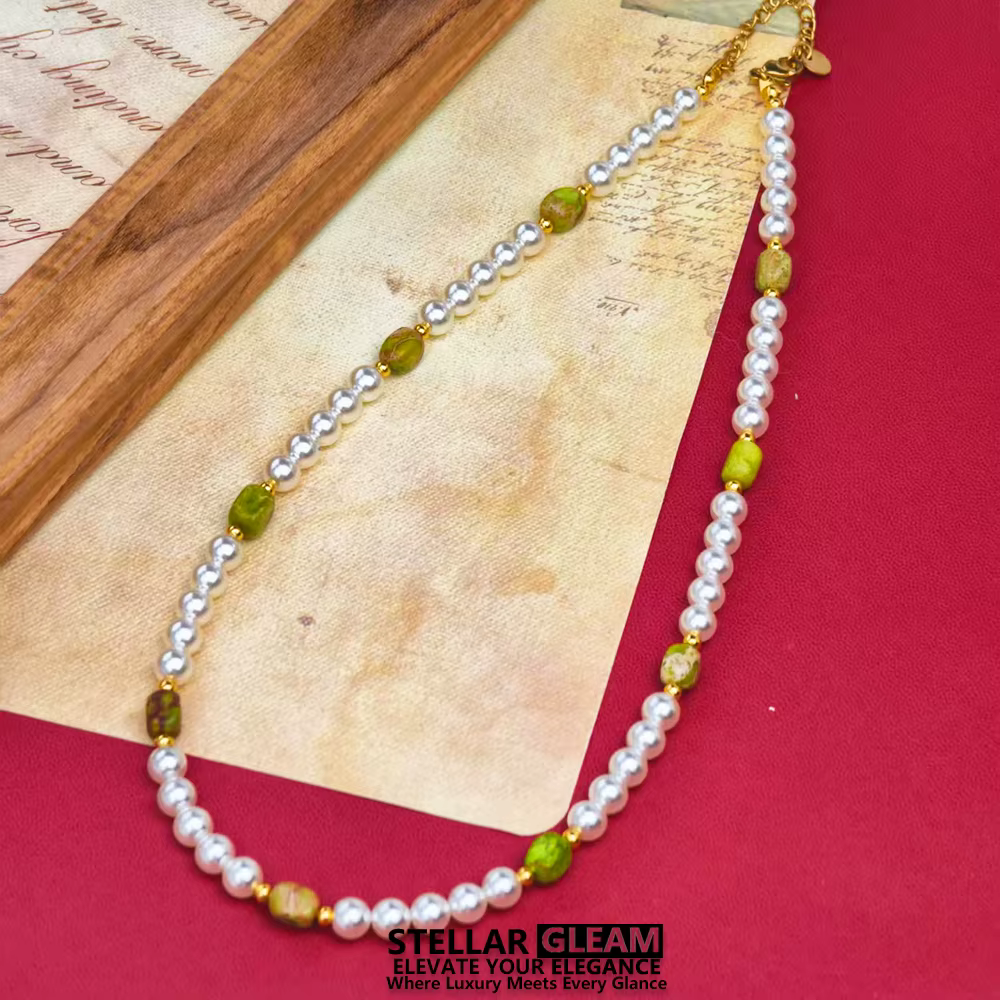 NOUVEAU Collier de perles superposées pour femme, pendentif en pierre verte dorée, collier perlé, bi