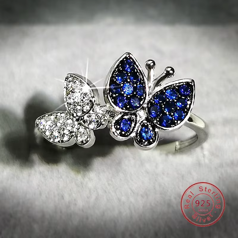 Bagues en cristal de saphir de luxe pour femmes, papillon brillant, matiques en cristal regardé, coc