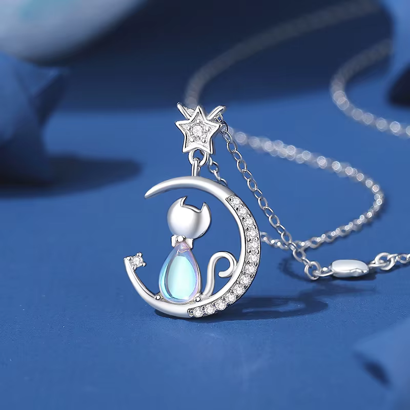 Collier européen scintillant en argent Sterling S925, pavé AAA CZ, pendentif chat lune, chaîne clavi