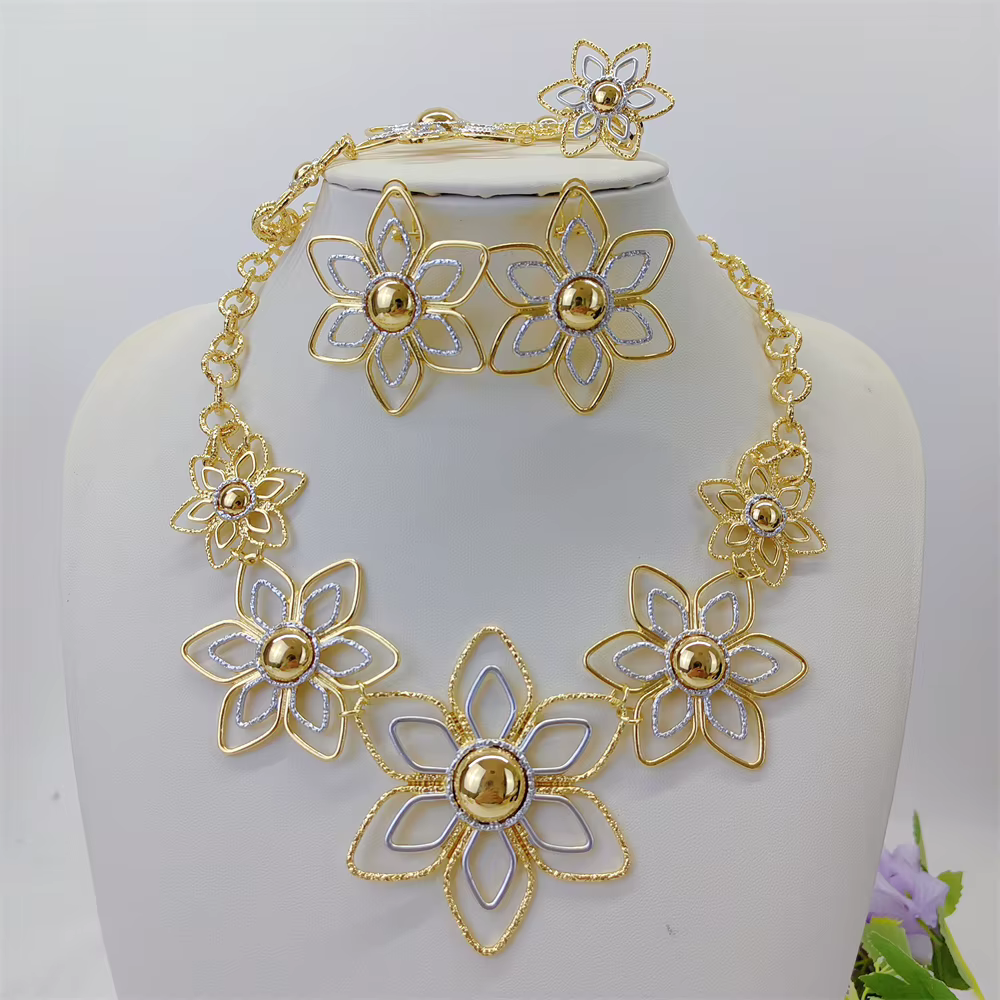 ESALE Parure de bijoux fleuris plaqués or 18 carats pour femme, ensemble de luxe complet collier bou