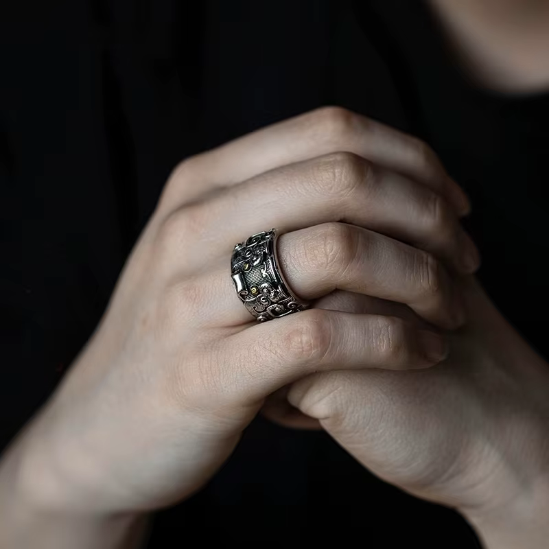 Bague en argent 925 réglable pour homme, bijoux de personnalité, motif glacial, bête divine masculin