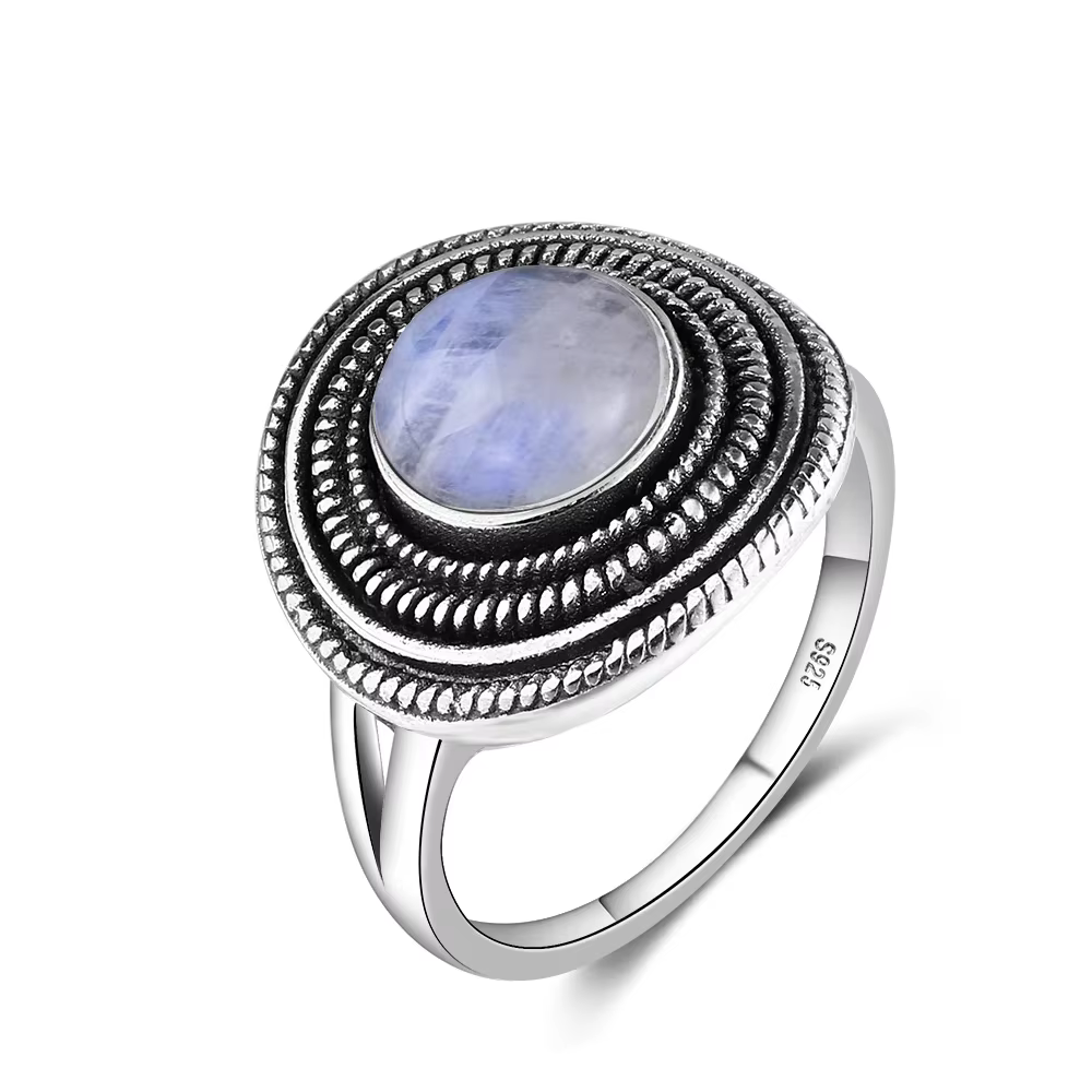 Bague ronde en argent regardé S925 pour femme, pierre précieuse naturelle, bijoux fins, style vintag