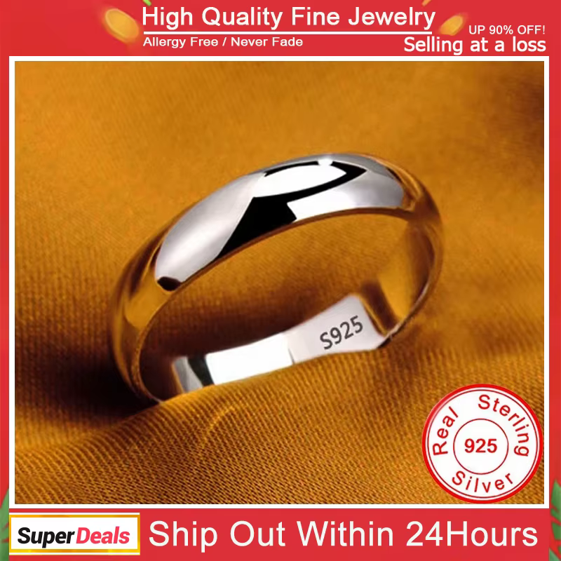 Bague en argent tibétain couleur or blanc estampillé S925, bagues simples en acier inoxydable de 4mm