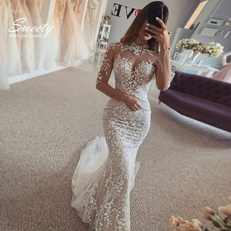 Robe de Mariée Élégante à Col Haut en Organza avec Dentelle Brodée, Tenue de Bal Sirène, Manches sul