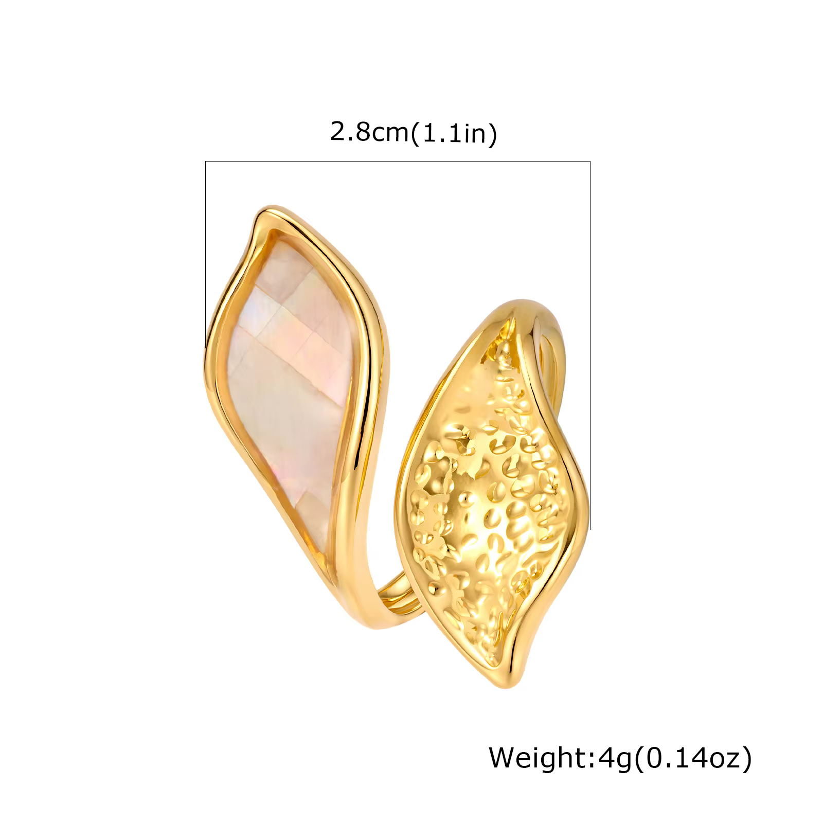 Bague en coquille d'ormeau naturelle, nacre plaquée or, ajustable, ouverte, géométrique irrégulière,