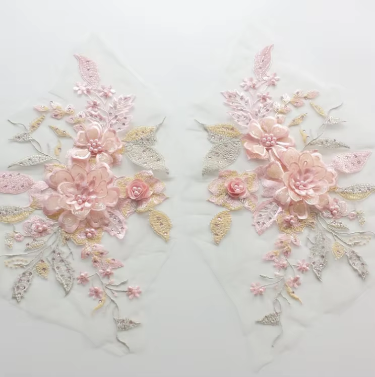 Embellissement artisanal de fleurs roses, 1 pièce, Motif de vêtement, broderie, décolleté, col en de