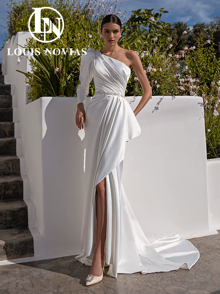 LOUIS NOVIAS robe De mariée sirène cuisse fendue ceintures robe De mariée une épaule manches longues