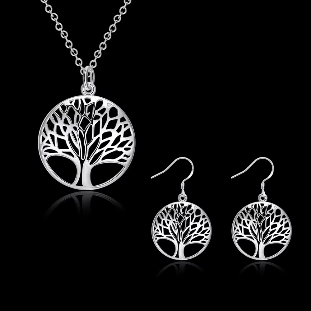 Ensemble de bijoux couleur argent pour femme, pendentif arbre rond fin rétro, collier, boucles d'ore
