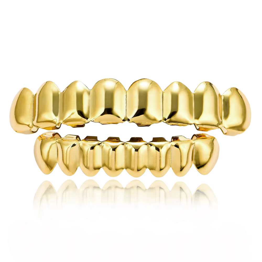 Hip Hop-Dents supérieures plaquées or 18 carats pour hommes et femmes, 8 dents inférieures, accessoi