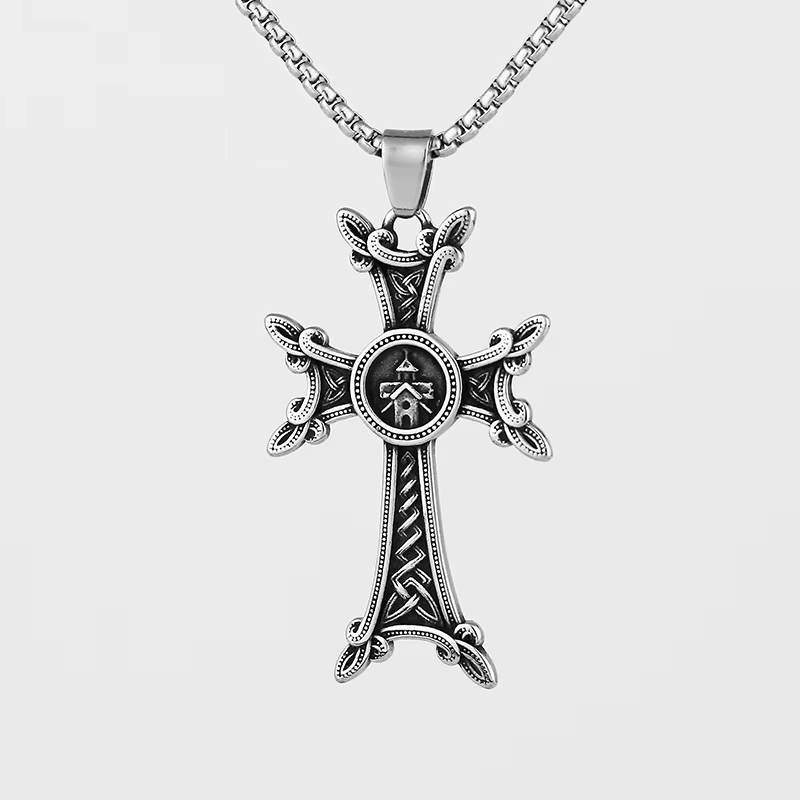 SION L-Collier Pendentif Croix Arménienne ou Croix tiens achkar, Acier Inoxydable, Bijoux JOSimple É