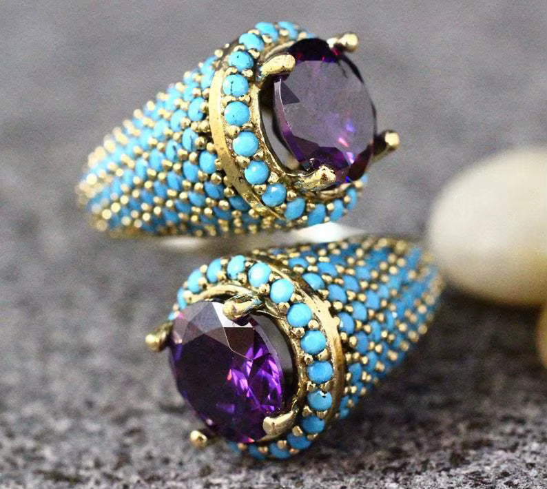 Bague Imitation Turquoise violette de Style Punk, accessoire de mode de fête, bague en Zircon Vintag