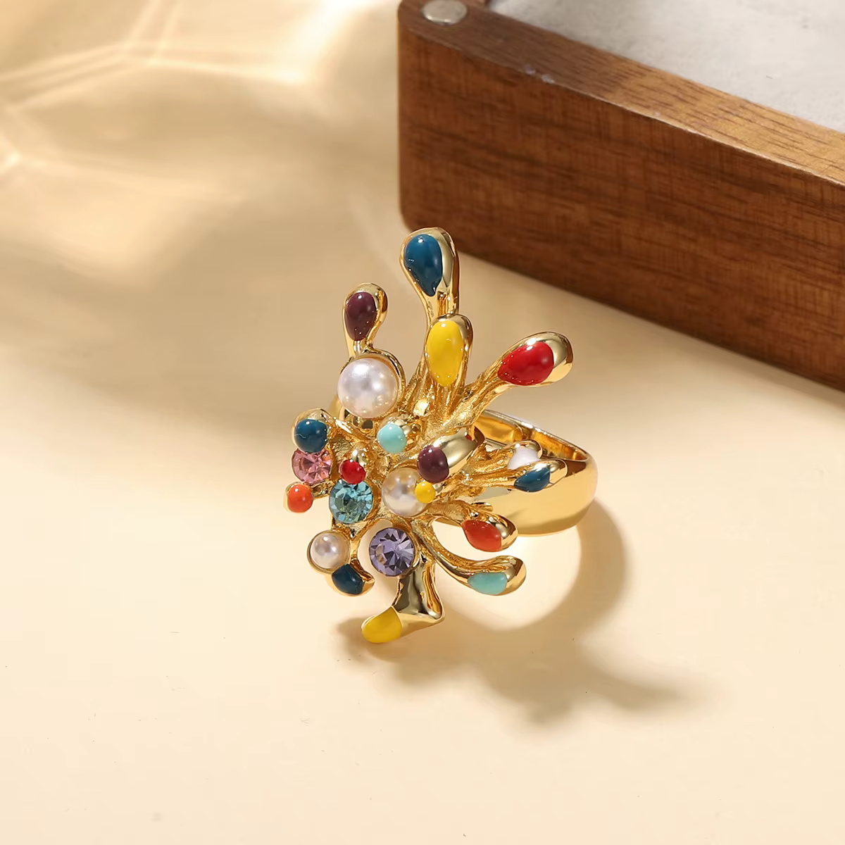 Bague Bohème Chic en Pierres Précieuses Colorées pour Femme - Bague Statement en Perle Émaillée Plaq