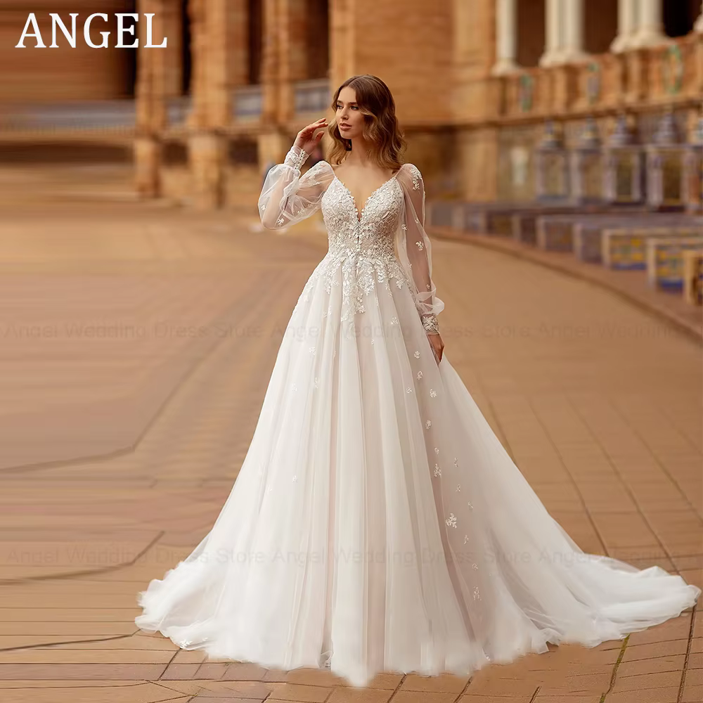 ANGEL Boho a-ligne dentelle robes de mariée personnalisé pour femme manches longues bouffantes Tulle