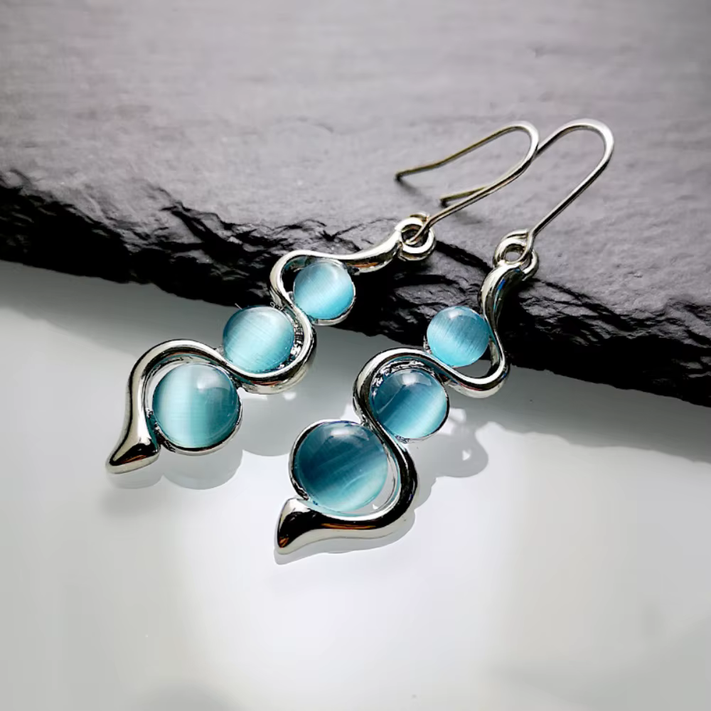Boucles d'oreilles de luxe incrustées de pierres précieuses œil de chat aigue-marine, bijoux de char
