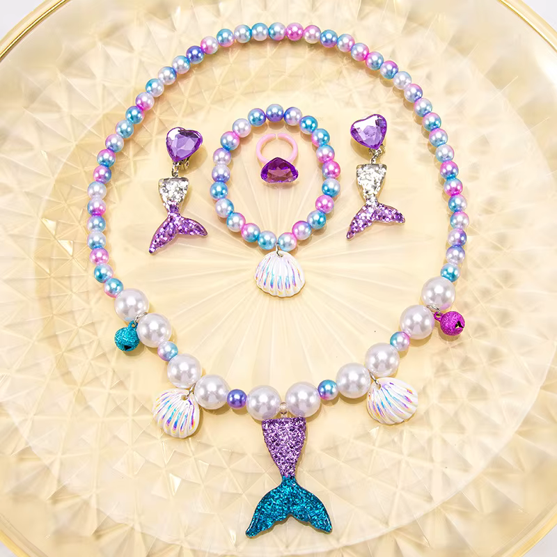 Ensemble de bijoux pour filles, collier de perles en forme de coquillage de sirène, bracelet, bague,