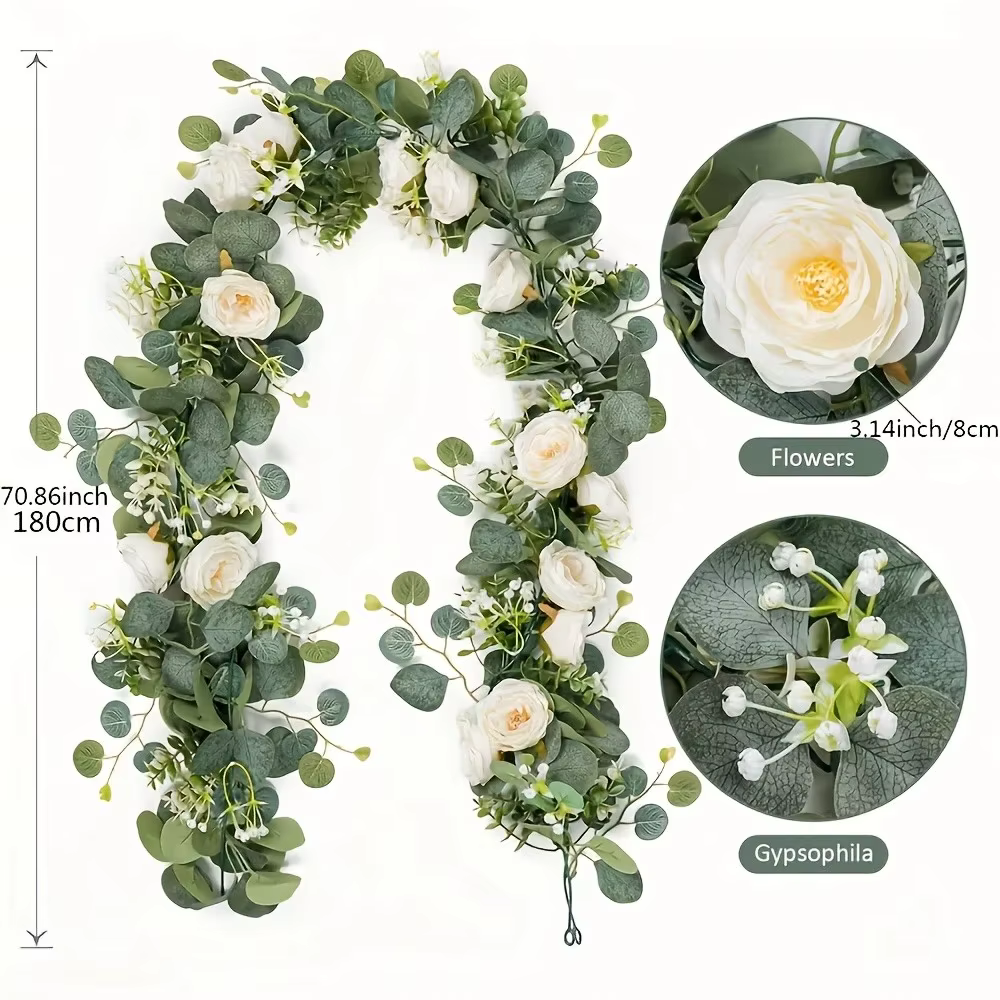 Guirlandes d'eucalyptus et de roses de 70 pouces - Vignes de fleurs en plastique pour la décoration 