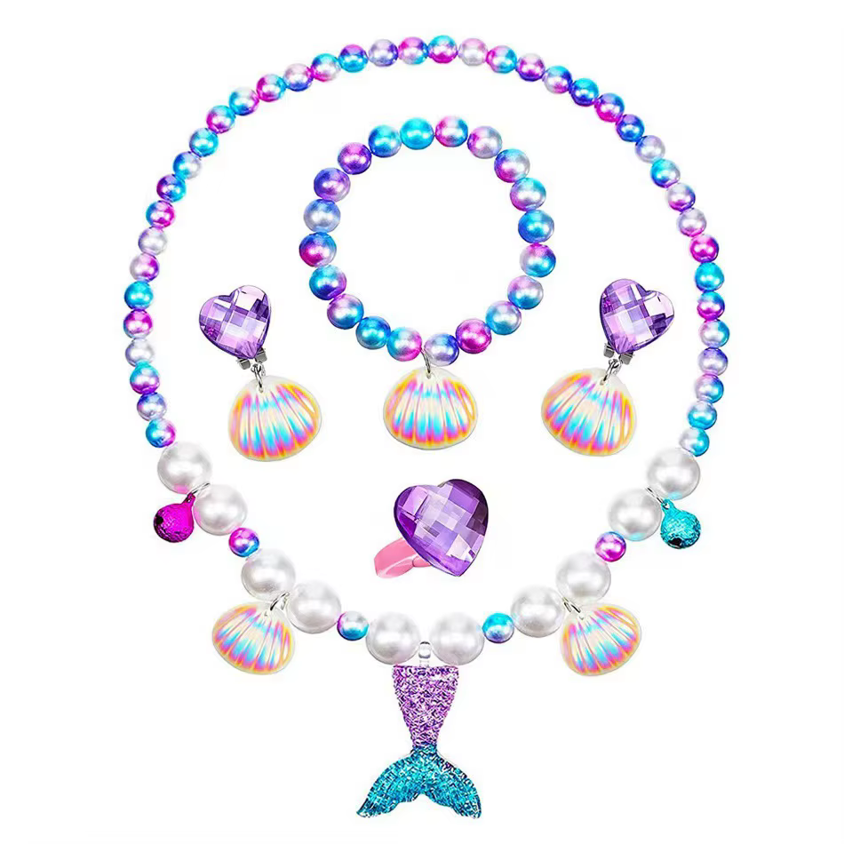Ensemble de collier sirène pour filles, bracelet et boucles d'oreilles en forme de queue de poisson 