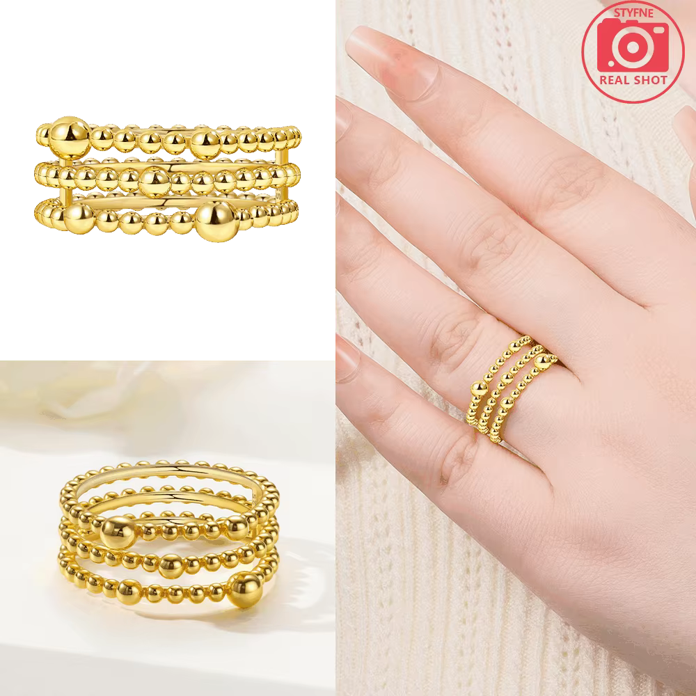 Bague large empilable en argent plaqué, motif écailles de poisson, chaîne perlée multicouche ondulée