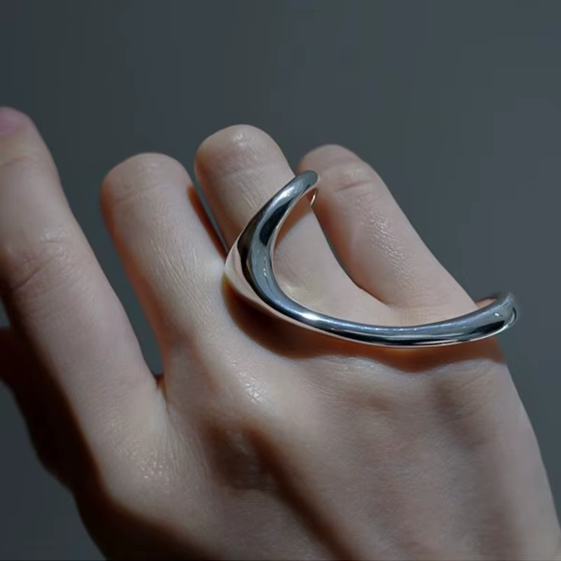 Bague ouverte en argent 925 poli, 2 doigts, 1 taille, Punk géométrique pour femmes et filles, bijoux