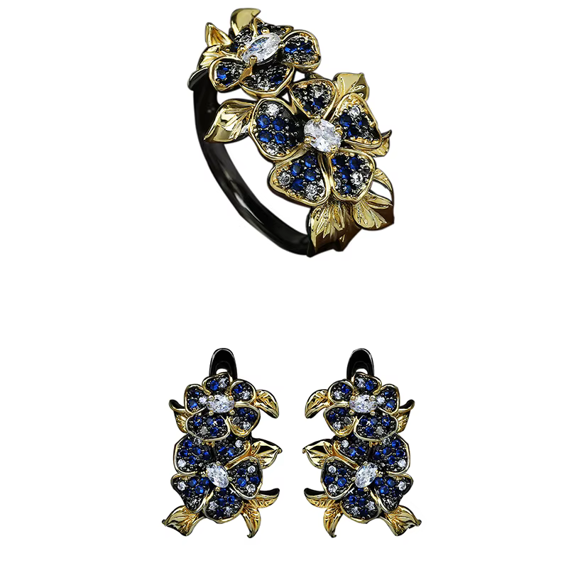 Ensemble de bijoux créatifs pour femmes, boucles d'oreilles, bague, fleur, or noir, élégant, fin, bi