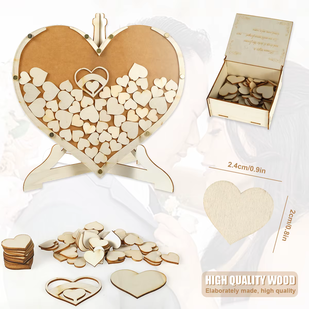 Livre d'or de mariage en bois avec boîte de rangement, livre d'or en forme de cœur, réception de mar
