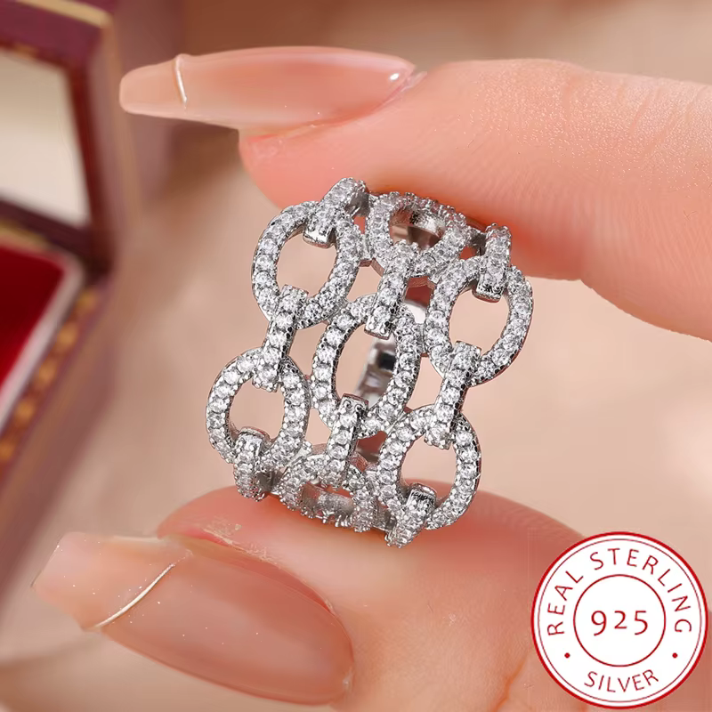 Bague chaîne ajourée Hip Hop pour femmes, bijoux ajourés plaqués argent 925, bague empilable tendanc