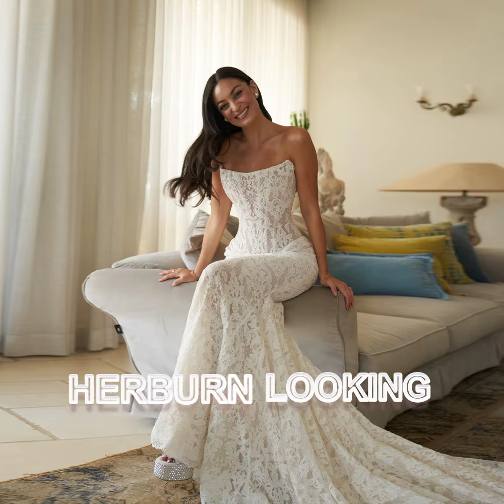HERBURN Robe de mariée sirène exquise pour femme, avec appliques en dentelle, perles, corset sans br