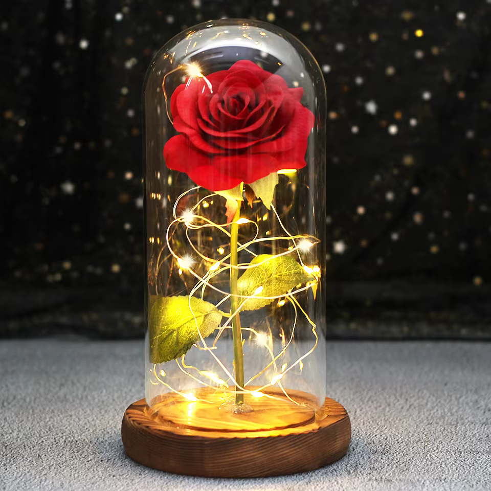 Rose de galaxie enchantée LED pour mariage, avec lumières en dôme, Rose la Belle et la bête, pour no
