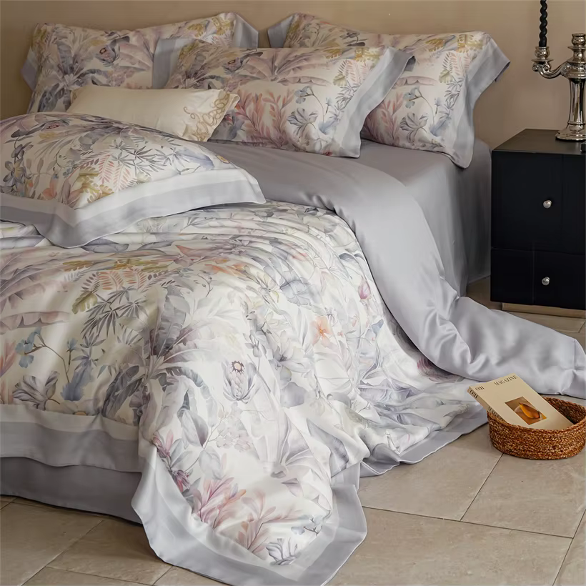 Parure de lit 100% soie de mûrier avec housse de couette, drap-housse élégant et luxueux à imprimé f