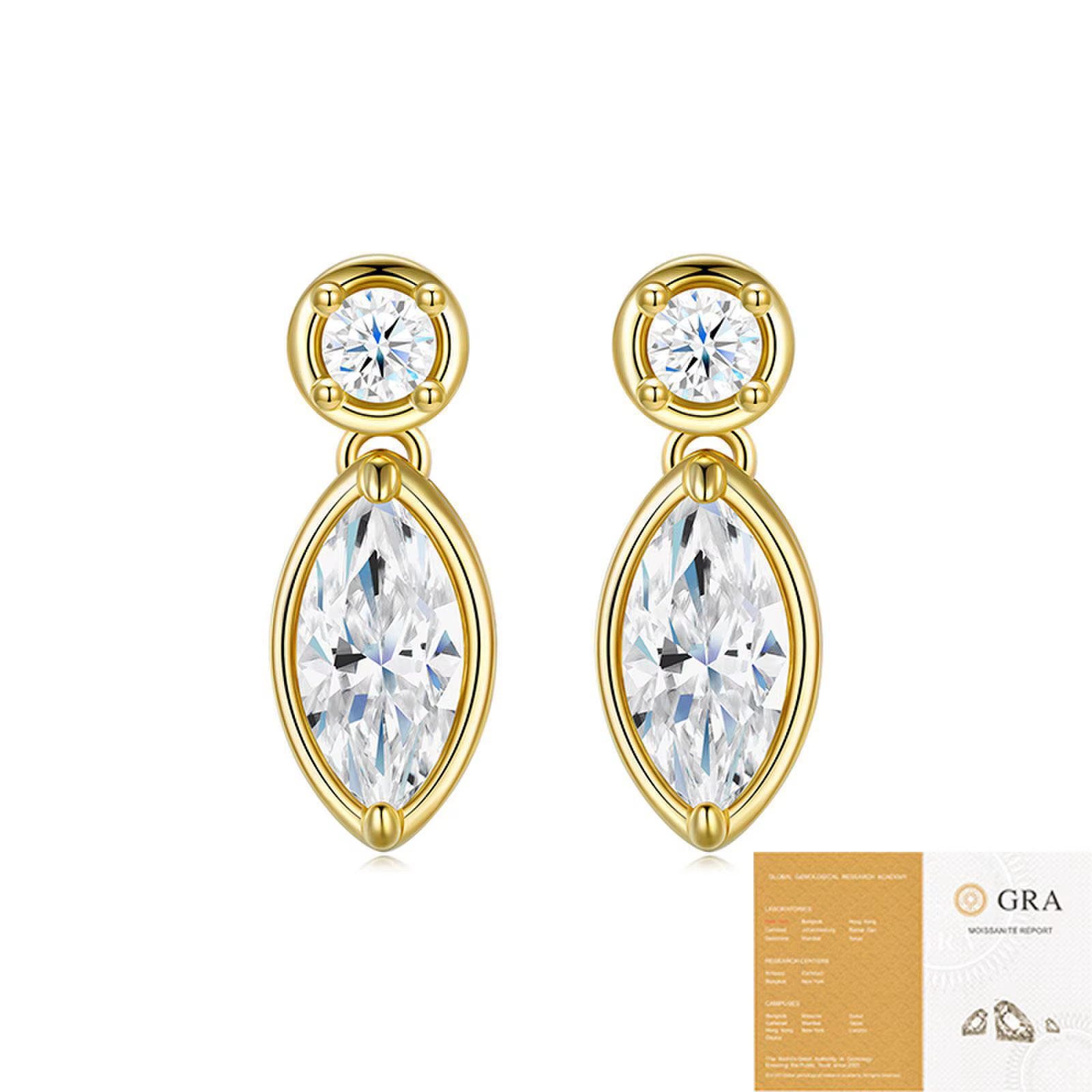 Superbes boucles d'oreilles Double Moissanite taille Marquise couleur D 2CT, plaqué or 18 carats sur