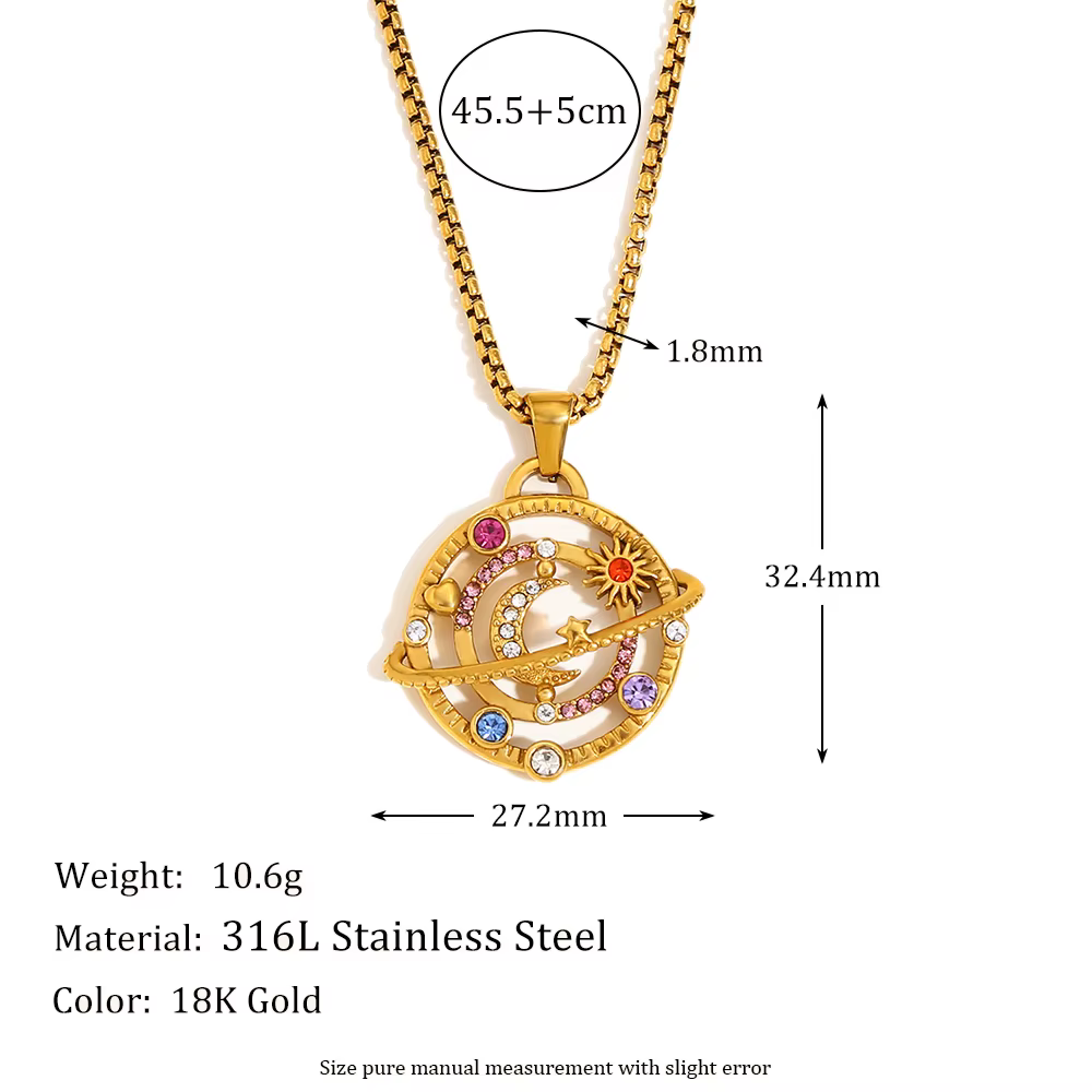 E.B.belle – collier en strass coloré, lune, étoile, planète, en acier inoxydable, plaqué or 18 carat