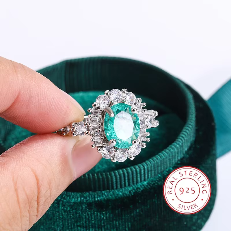 Bague plaquée argent 925 pour femmes, diamant vert Paraiba à haute teneur en carbone, Double cristal