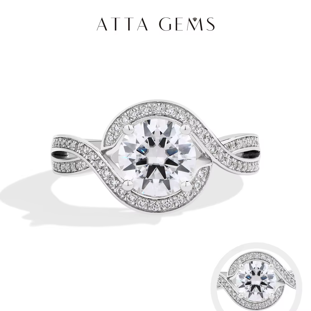 ATTAGEMS RoundCut 1.5CT Moissanite anneaux pour femmes 925 bague certifiée en argent plaqué or jaune