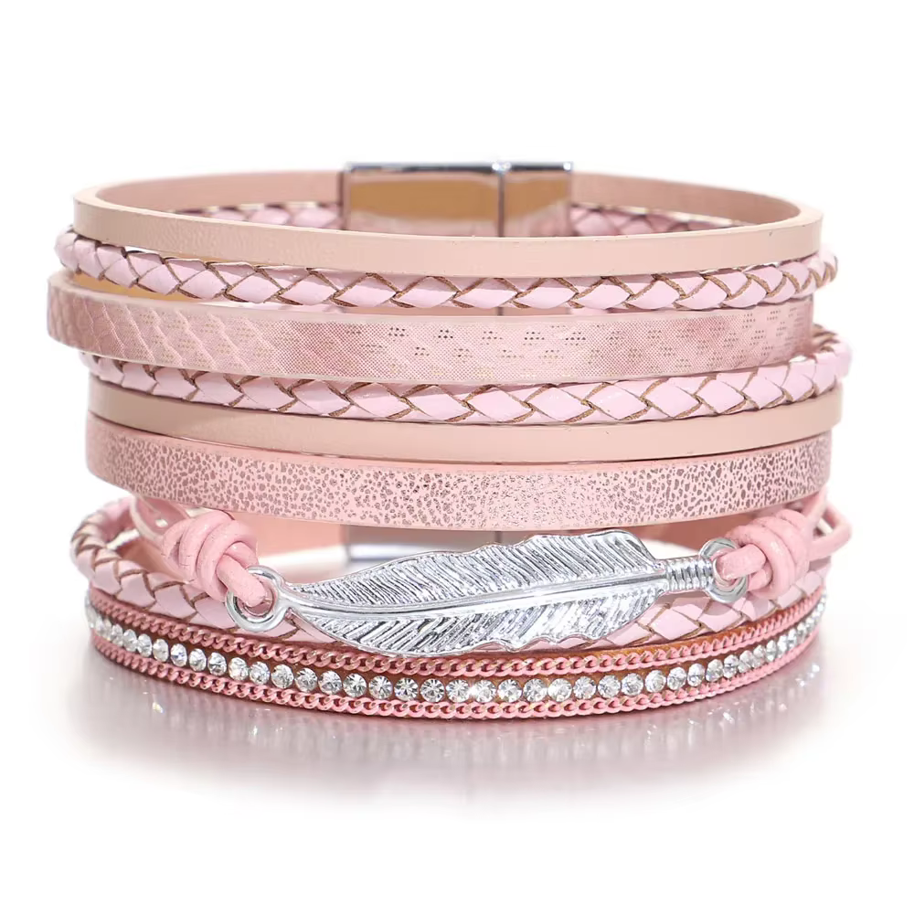 ALLYES – Bracelet multicouches en cuir pour hommes et femmes, bijoux Vintage, plume, feuille, corde 