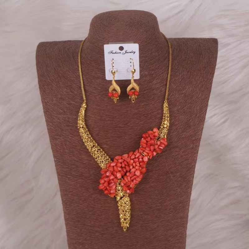 Ensemble de bijoux africains en perles de corail nigérian, 100 originaux, collier et boucles d'oreil