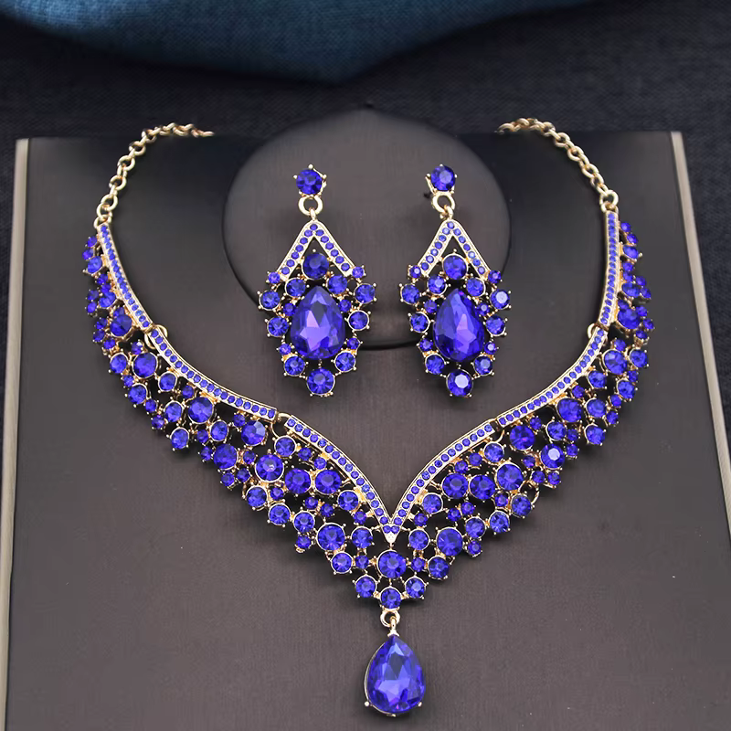 Magnifique ensemble de bijoux en cristal bleu royal pour femmes, diadèmes colorés, boucles d'oreille