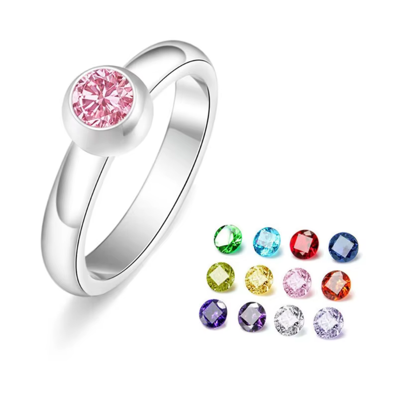 Bague en pierre naissance avec 12 couleurs Zircon, anneau empilable à bijoux déclaration