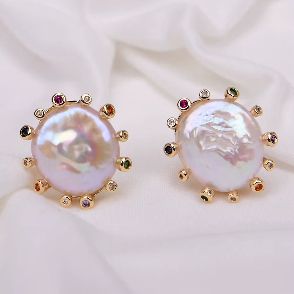 GG – boucles d'oreilles en forme de pièce de monnaie blanche de culture, perles Keshi, pavé CZ plaqu