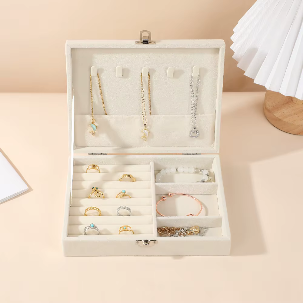 Boîte à bijoux en velours avec serrure, organiseur de bagues, colliers et boucles d'oreilles, étui d