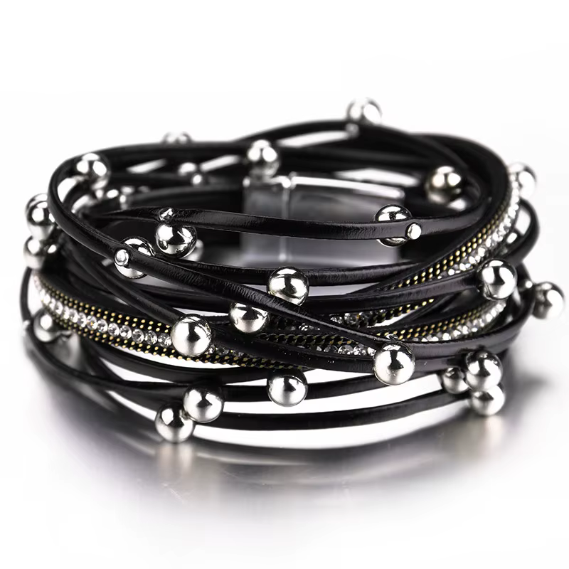 ALLYES – Bracelets en cuir à breloques en perles métalliques pour femmes et hommes, chaîne en crista