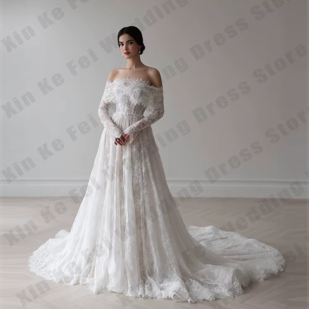 Robes de mariée élégantes pour femmes, ligne a, dentelle, épaules dénudées, robes de mariée princess