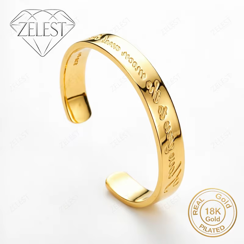 Bracelet ouvert en argent sterling 925 plaqué or 18 carats, gravé d'un motif anglais exquis, pour fe