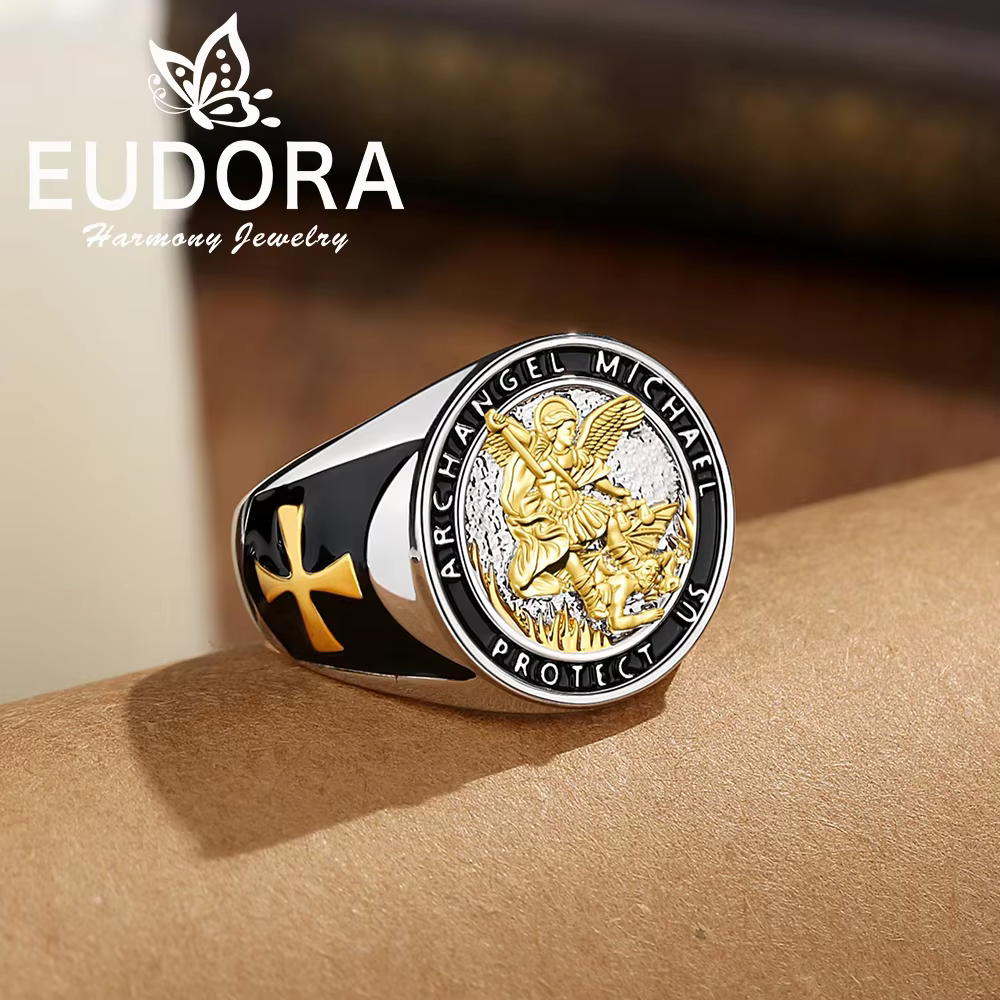 Eudora Nouvelle bague Saint Michel en cuivre pour homme et femme, bague ajustable avec médaille croi