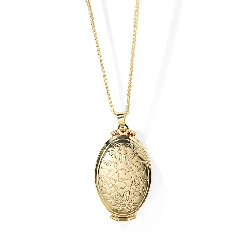 Pendentif ovale creux sculpté couleur or argent, collier pliant multicouche pour femmes, cadre Photo