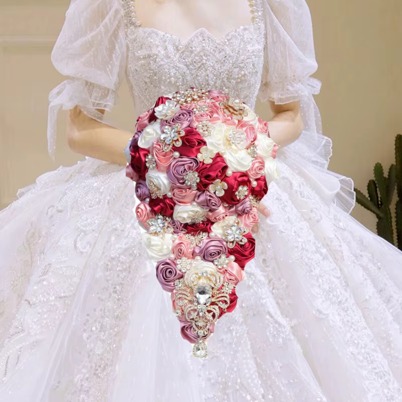 Bouquet de Cascade de Mariage de Mariée Coréenne, Luxueux Diamant, Perle, Saphir, Bleu + Blanc, InjR