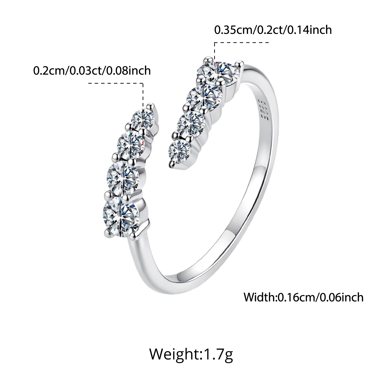 BAMOER – bague ouverte en Moissanite, en argent Sterling 925, plaqué or blanc, réglable, pour femmes