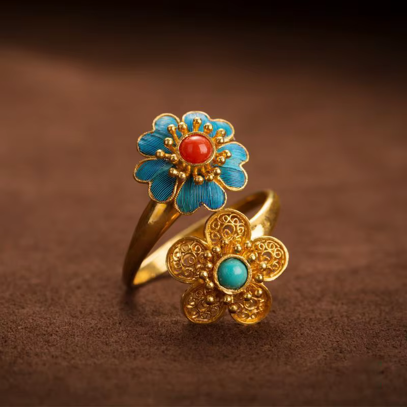 Bague Ouverte en Tourmaline Rouge du Sud Naturelle, Style Palais Rétro Chinois, Artisanat Unique en 