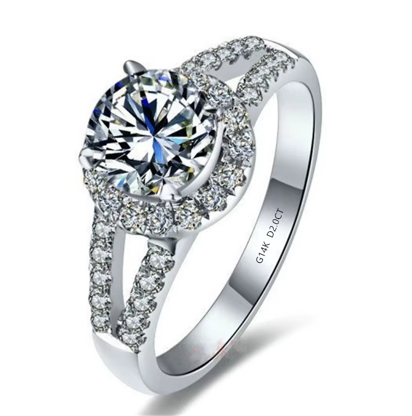 Bague en or blanc massif 14K, Style Halo, bague de fiançailles en diamant 2CT pour femmes, promesse 