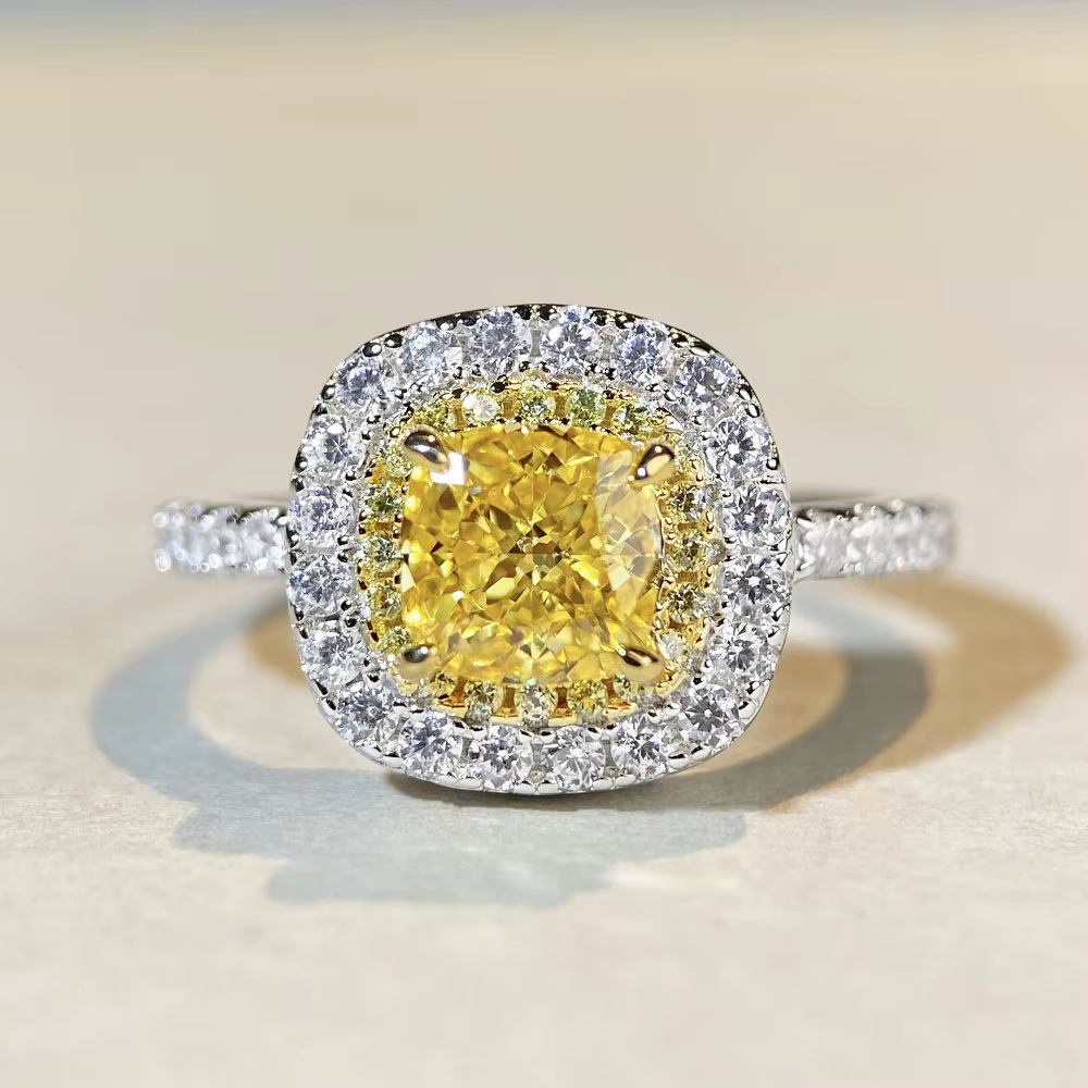 Bague de fiançailles en platine véritable pour femmes, PT950, 1,5 ct, diamant jaune, magnifique, cad