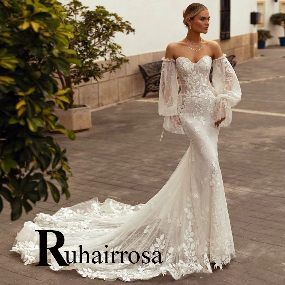 Ruhair – Robe De mariée sirène glamour pour femmes, avec des Appliques en dentelle, manches bouffant
